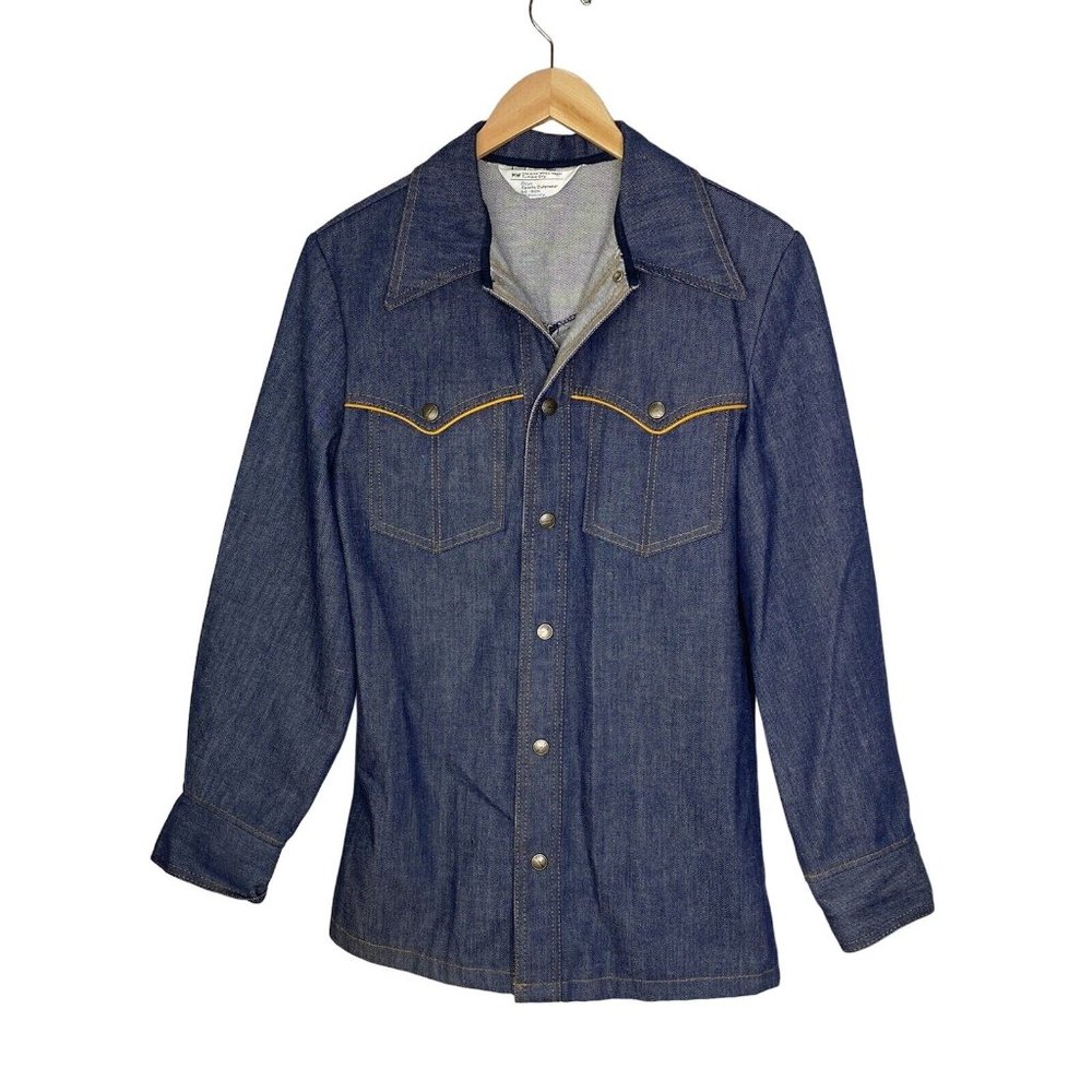 Vintage 1970s Denim Jean Jacket Western Pointed Collar Blue JCP Large boys 18-20